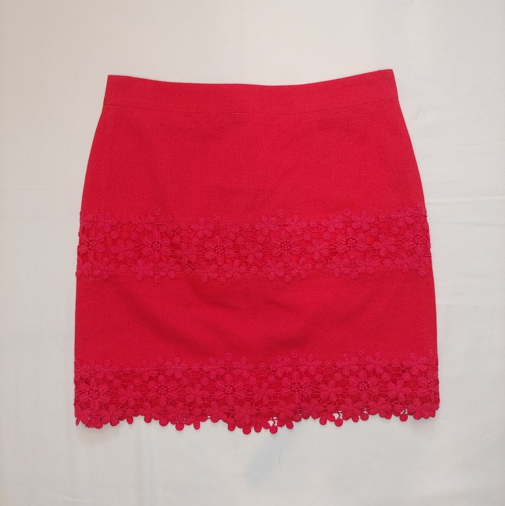 J. Crew Bright Red Floral Daisy Lace Fitted Mini Skirt